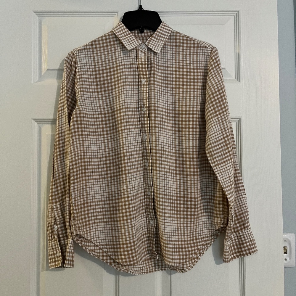 Everlane Linen Relaxed Shirt, size 0, white and light brown plaid
